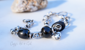 Beach Stone Bracelet. Fine Silver Handmade Jewelry. Black Porcelain Handcrafted Beaded Boho-Style Bracelet. Sterling Silver.