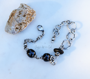 Beach Stone Bracelet. Fine Silver Handmade Jewelry. Black Porcelain Handcrafted Beaded Boho-Style Bracelet. Sterling Silver.