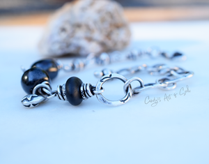 Beach Stone Bracelet. Fine Silver Handmade Jewelry. Black Porcelain Handcrafted Beaded Boho-Style Bracelet. Sterling Silver.