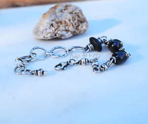 Beach Stone Bracelet. Fine Silver Handmade Jewelry. Black Porcelain Handcrafted Beaded Boho-Style Bracelet. Sterling Silver.