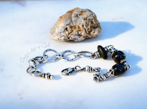 Beach Stone Bracelet. Fine Silver Handmade Jewelry. Black Porcelain Handcrafted Beaded Boho-Style Bracelet. Sterling Silver.