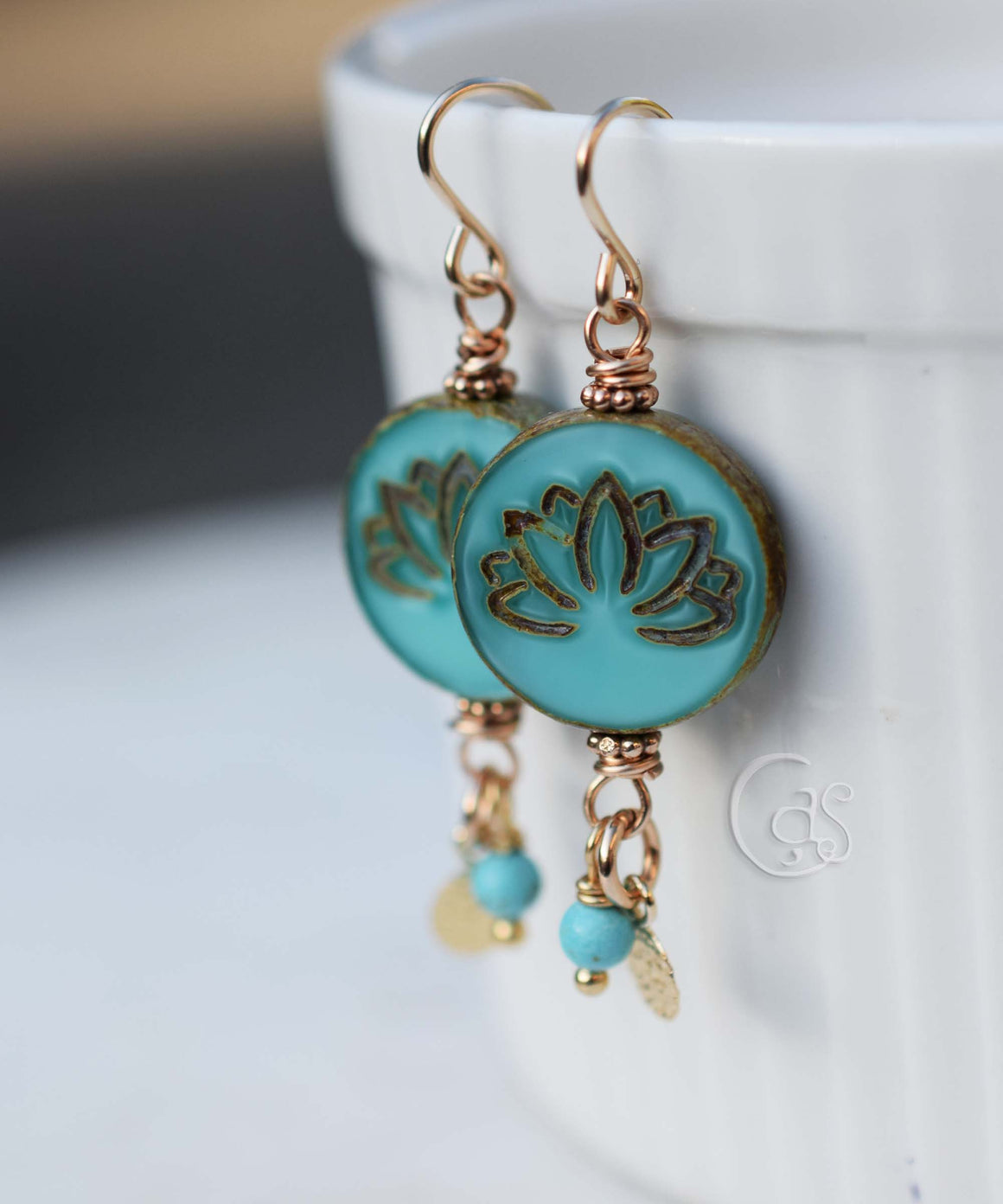 Golden Blue Lotus Earrings Handcrafted Gold Fill Dangle Earrings Blue Stone Magnesite