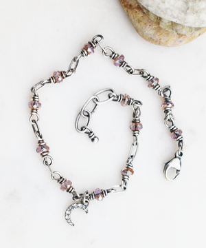 Silver Chain Beaded Bracelet Crescent Moon Pale Pink Blush Nano Gem Sparkling New Moon