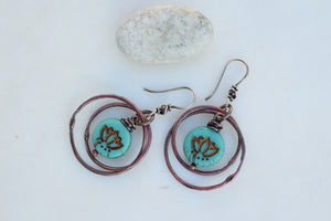 Handcrafted Bronze Lotus Hoop Earrings. Bohemian Style Turquoise Yogi Earrings. Handmade Copper Hoops. Vintage Style Earrings.