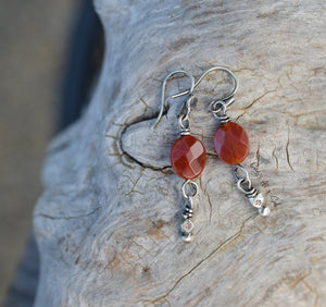 Carnelian Handcrafted Burnt Orange Gemstone Earrings. Rusty Orange Faceted Stone Jewelry. Hill Tribe Pure Silver Beaded Dangles.