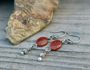 Carnelian Handcrafted Burnt Orange Gemstone Earrings. Rusty Orange Faceted Stone Jewelry. Hill Tribe Pure Silver Beaded Dangles.