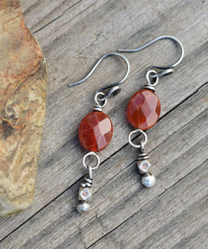 Carnelian Handcrafted Burnt Orange Gemstone Earrings. Rusty Orange Faceted Stone Jewelry. Hill Tribe Pure Silver Beaded Dangles.