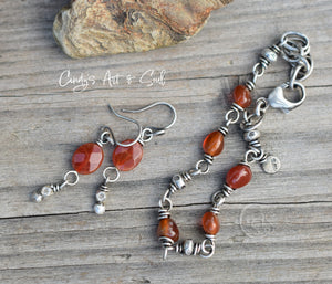 Handcrafted Bohemian Style Earrings. Carnelian Handcrafted Burnt Orange Gemstone Earrings. Rusty Orange Faceted Stone Jewelry. Hill Tribe Pure Silver Beaded Dangles.