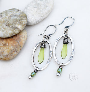 Boho Style Handcrafted Hoops. Rustic Silver Leaf Hoop Earrings. Peridot. Fine Silver Leaf Autumn Jewelry. Handmade Bohemian Style. Vintage Look Earrings.