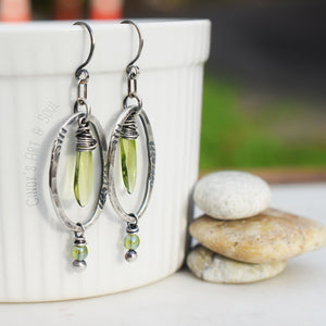 Boho Style Handcrafted Hoops. Rustic Silver Leaf Hoop Earrings. Peridot. Fine Silver Leaf Autumn Jewelry. Handmade Bohemian Style. Vintage Look Earrings.