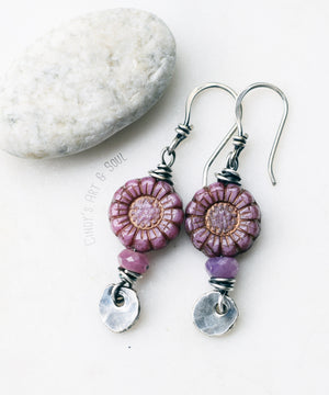 Boho Style Vintage Flower Beaded Earrings Vintage Bohemian Ruby Earrings Sterling Silver Pure Fine Silver Nugget Charm Earrings Rustic Boho Earrings with Czech Glass