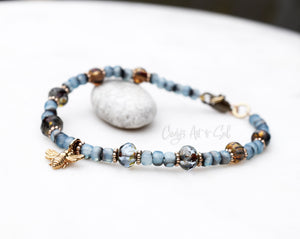 RESERVED FOR K.O. | Golden Bronze Bee Charm Bracelet. Handmade. Bronze and Czech Glass Beaded Charm Bracelet. Handcrafted Boho-Style Jewelry.