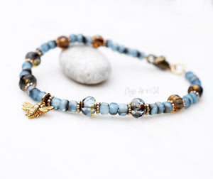 RESERVED FOR K.O. | Golden Bronze Bee Charm Bracelet. Handmade. Bronze and Czech Glass Beaded Charm Bracelet. Handcrafted Boho-Style Jewelry.