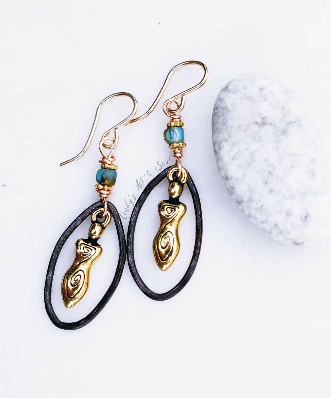 Handcrafted Gold Goddess Earrings. Bohemian Style Golden Blue Czech Glass Beaded Handmade Hoops. Gold Fill Ear Wires.