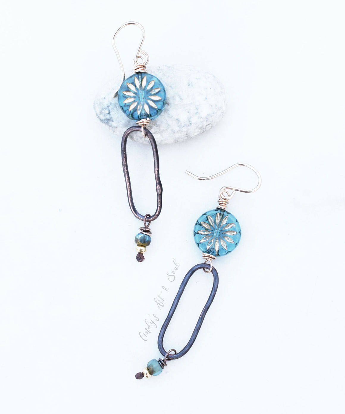 Handcrafted Gold Sunburst Earrings. Bohemian Style Golden Blue Czech Glass Beaded Handmade Hoops. Gold Fill Ear Wires.