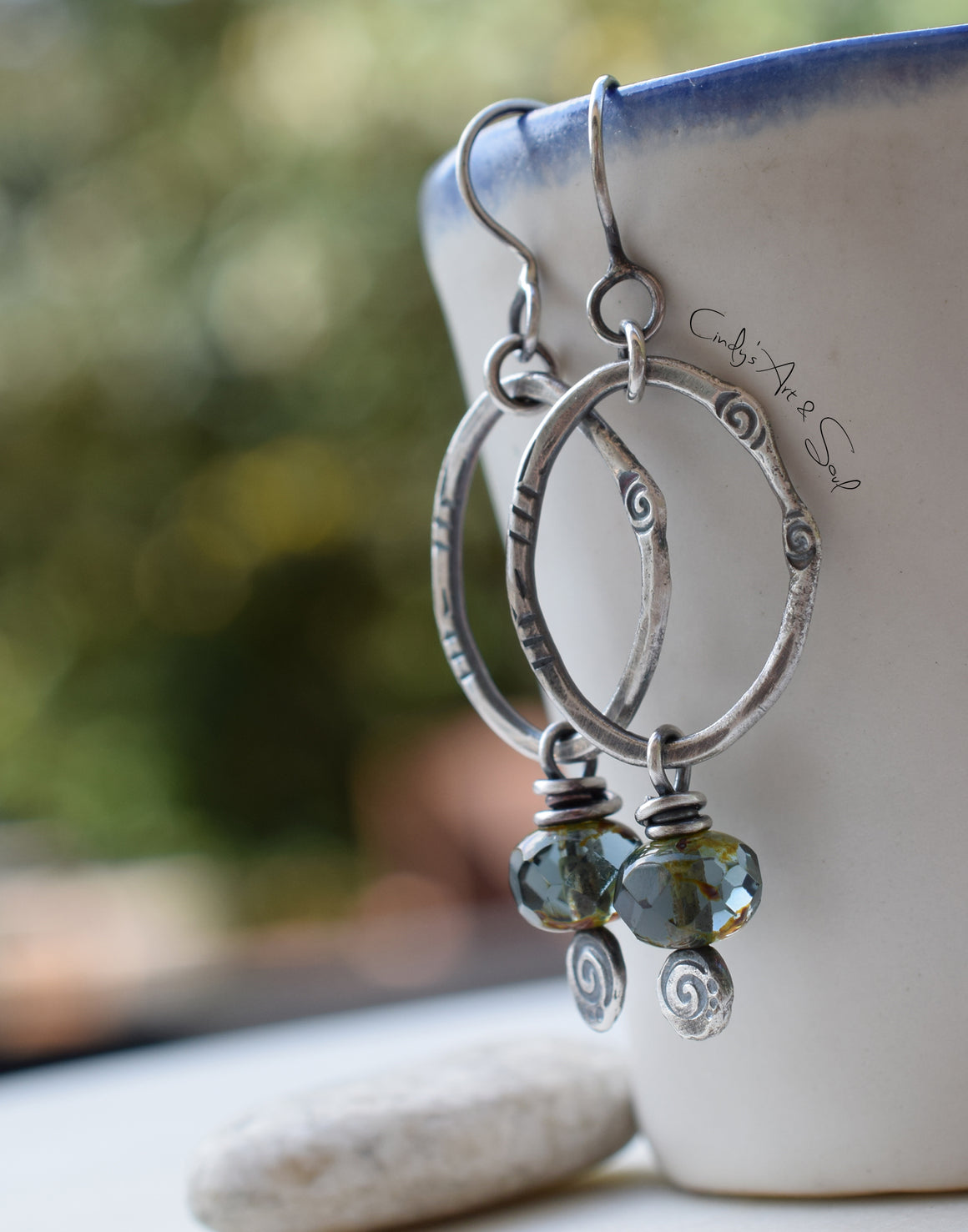 Rustic Boho-Style Silver Beaded Hoop Earrings. Blue Gray Faceted Bead Dangles.