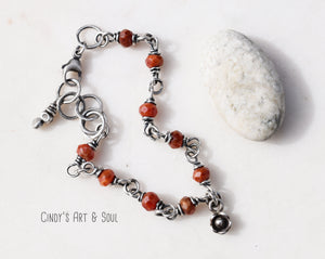 Handcrafted Gemstone Silver Bracelet. Mexican Fire Opal Gemstone Jewelry. Bohemian Style. Hill Tribe Fine Silver.