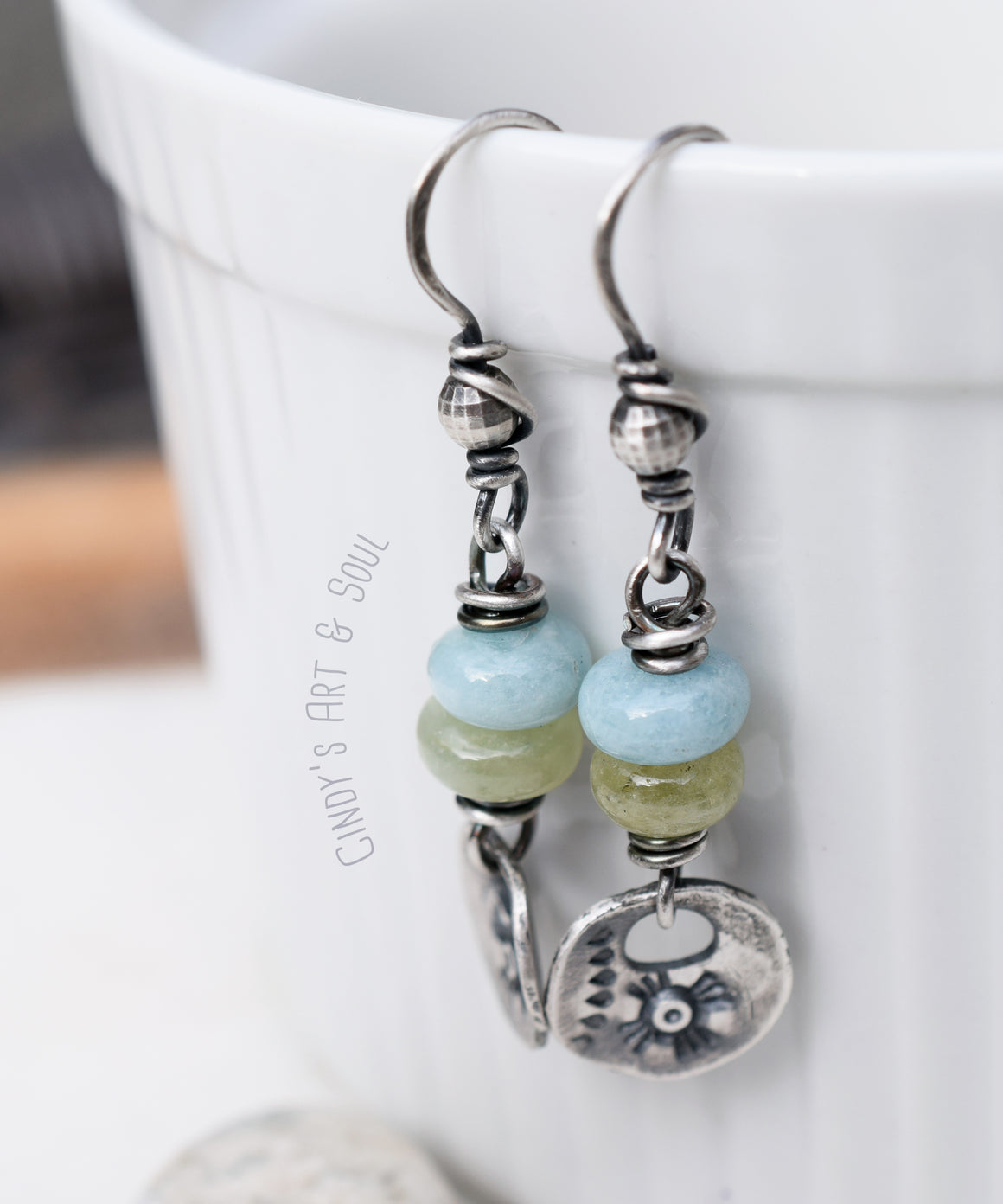 Handcrafted Vintage Look Aquamarine Gemstone Earrings. Sterling Silver Jewelry. Dangle Earrings.