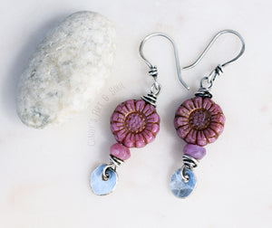 Boho Style Vintage Flower Beaded Earrings Vintage Bohemian Ruby Earrings Sterling Silver Pure Fine Silver Nugget Charm Earrings Rustic Boho Earrings with Czech Glass