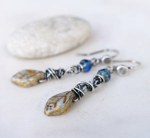 Handcrafted Autumn Leaf Earrings. Boho Style Dangle Sterling Silver Earrings. Sapphire Blue Glass Beaded Earrings.