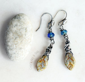 RESERVED FOR KO Handcrafted Autumn Leaf Earrings. Boho Style Dangle Sterling Silver Earrings. Sapphire Blue Glass Beaded Earrings.