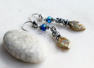 Handcrafted Autumn Leaf Earrings. Boho Style Dangle Sterling Silver Earrings. Sapphire Blue Glass Beaded Earrings.