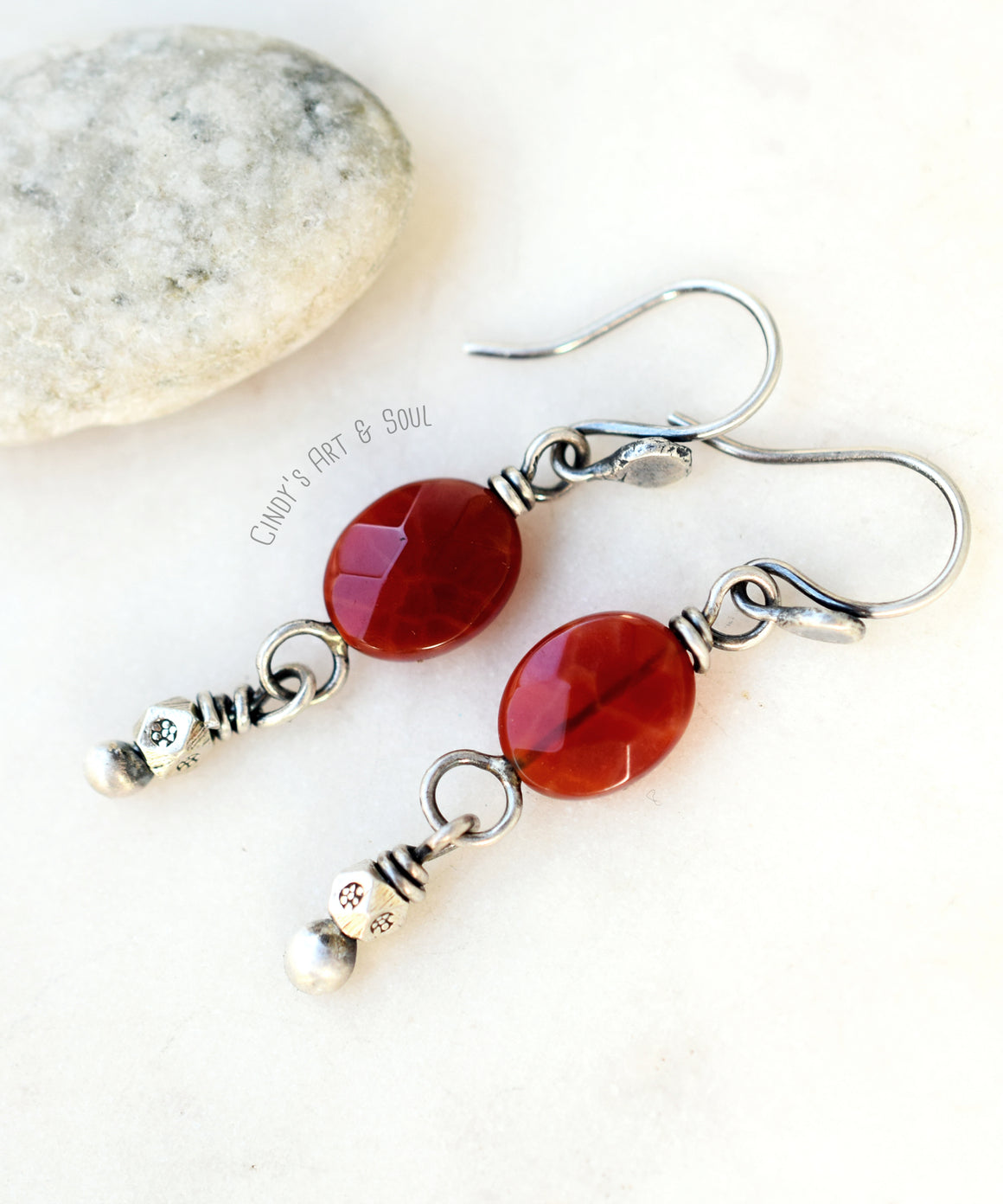 Handcrafted Bohemian Style Earrings. Carnelian Handcrafted Burnt Orange Gemstone Earrings. Rusty Orange Faceted Stone Jewelry. Hill Tribe Pure Silver Beaded Dangles.