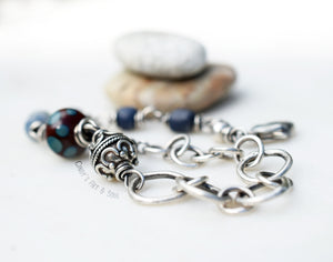 Handcrafted Jewelry. Silver Beaded Bracelet. Blue Kyanite. Bali Silver. Handcrafted Chain. Indigo Blue Bracelet. Indonesian Glass Beads.