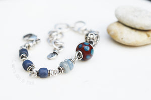 Handcrafted Jewelry. Silver Beaded Bracelet. Blue Kyanite. Bali Silver. Handcrafted Chain. Indigo Blue Bracelet. Indonesian Glass Beads.