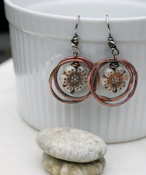 Handcrafted Golden Flower Hoop Earrings. Bohemian Style Golden Cream Czech Glass Beaded Handmade Copper Hoops. Bohemian Style Jewelry.