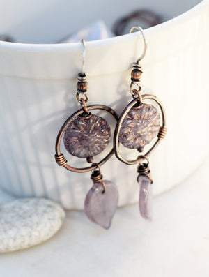 Boho Style Flower Earrings. Purple Dahlias. Copper Hoops. Lavender Czech Glass Beads. Handcrafted Jewelry.