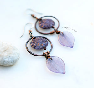 Boho Style Flower Earrings. Purple Dahlias. Copper Hoops. Lavender Czech Glass Beads. Handcrafted Jewelry.