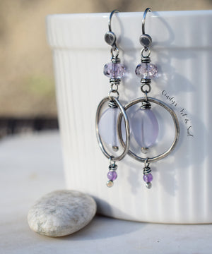 Silver Hoop Earrings with Amethyst Gemstones. Sterling Silver Handcrafted Purple Czech Glass Earrings.