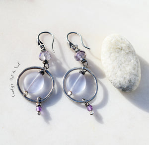 Silver Hoop Earrings with Amethyst Gemstones. Sterling Silver Handcrafted Purple Czech Glass Earrings.