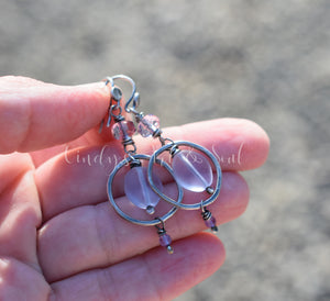 Silver Hoop Earrings with Amethyst Gemstones. Sterling Silver Handcrafted Purple Czech Glass Earrings.