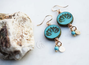 Golden Blue Lotus Earrings Handcrafted Gold Fill Dangle Earrings Blue Stone Magnesite