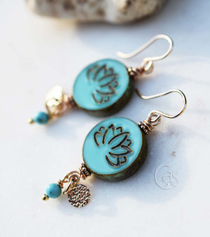 Golden Blue Lotus Earrings Handcrafted Gold Fill Dangle Earrings Blue Stone Magnesite