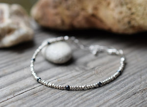 Black Spinel Gemstone Bracelet with Hill Tribe Faceted Silver Handcrafted Fine Silver Chain