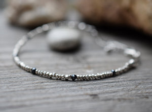 Black Spinel Gemstone Bracelet with Hill Tribe Faceted Silver Handcrafted Fine Silver Chain