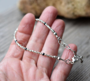 Black Spinel Gemstone Bracelet with Hill Tribe Faceted Silver Handcrafted Fine Silver Chain