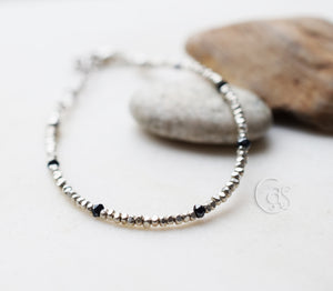 Black Spinel Gemstone Bracelet with Hill Tribe Faceted Silver Handcrafted Fine Silver Chain