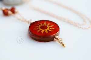 Fire Woman. Bohemian Necklace with Bronze, Fire Agate, Carnelian Stones Sun Charm Pendant | Earthy, Spiritual Jewelry