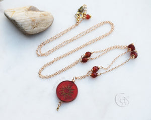 Fire Woman. Bohemian Necklace with Bronze, Fire Agate, Carnelian Stones Sun Charm Pendant | Earthy, Spiritual Jewelry