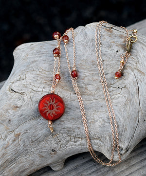 Fire Woman. Bohemian Necklace with Bronze, Fire Agate, Carnelian Stones Sun Charm Pendant | Earthy, Spiritual Jewelry