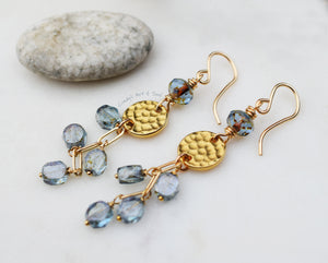 Gold FIll Dangle Earrings. Handcrafted Montana Blue Sparkling Czech Glass Beaded Earrings.