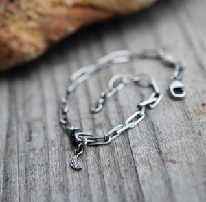 Crescent Moon Charm Bracelet. Sterling Silver  Layering Bracelet. Natural Rustic Sapphire Gemstone.