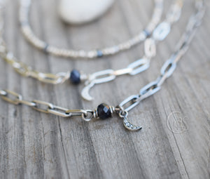 Crescent Moon Charm Bracelet. Sterling Silver  Layering Bracelet. Natural Rustic Sapphire Gemstone.