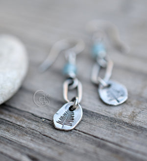 Fine Silver Aquamarine Gemstone Earrings. Into the Forest. Tree Charm Dainty Hoop Earrings.