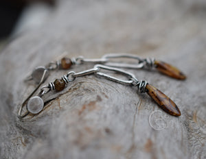 Earthy Long Hoops. Handcrafted Fine Silver. Jasper Stones. Leopard Glass Daggers.