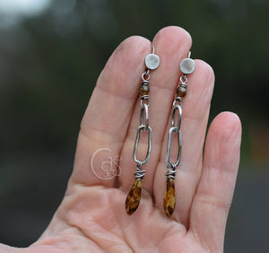 Earthy Long Hoops. Handcrafted Fine Silver. Jasper Stones. Leopard Glass Daggers.